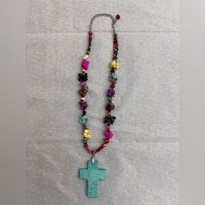 Boho Multicolor Chip Bead Necklace with Turquoise Cross Pendant